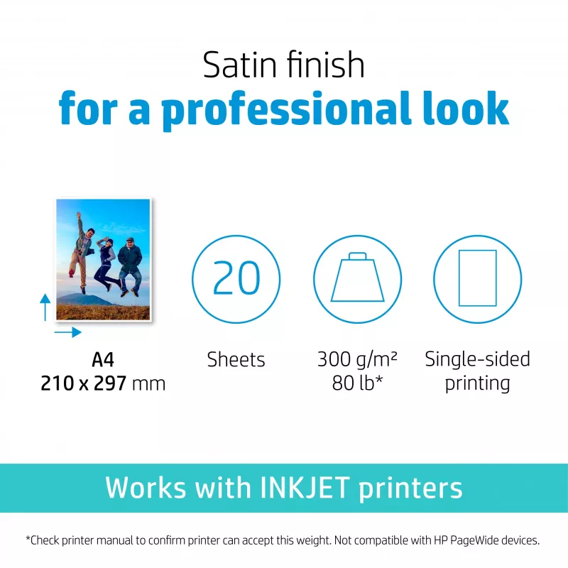 HP Premium Plus Satin nuotraukų popierius 300 g/m² A4 (210 x 297 mm) 20 lapų
