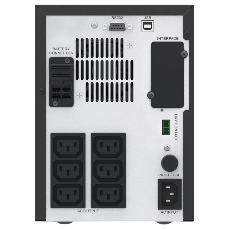 APC Easy UPS 1 fazė linijinis interaktyvus, 1500VA, bokštas, 230V, 6 IEC C13 lizdai, AVR, sausas kontaktas, LCD, be tinklo kortelės palaikymo