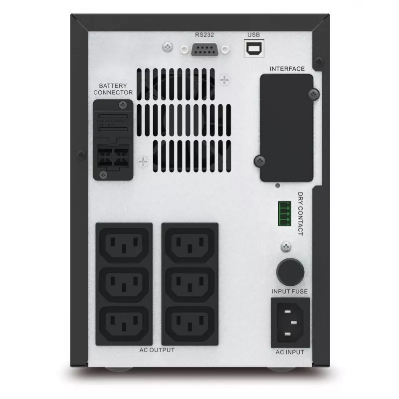 APC Easy UPS 1 fazės linijinis interaktyvus, 750VA, bokštas, 230V, 6 IEC C13 lizdai, AVR, sausas kontaktas, LCD, be tinklo kortelės palaikymo