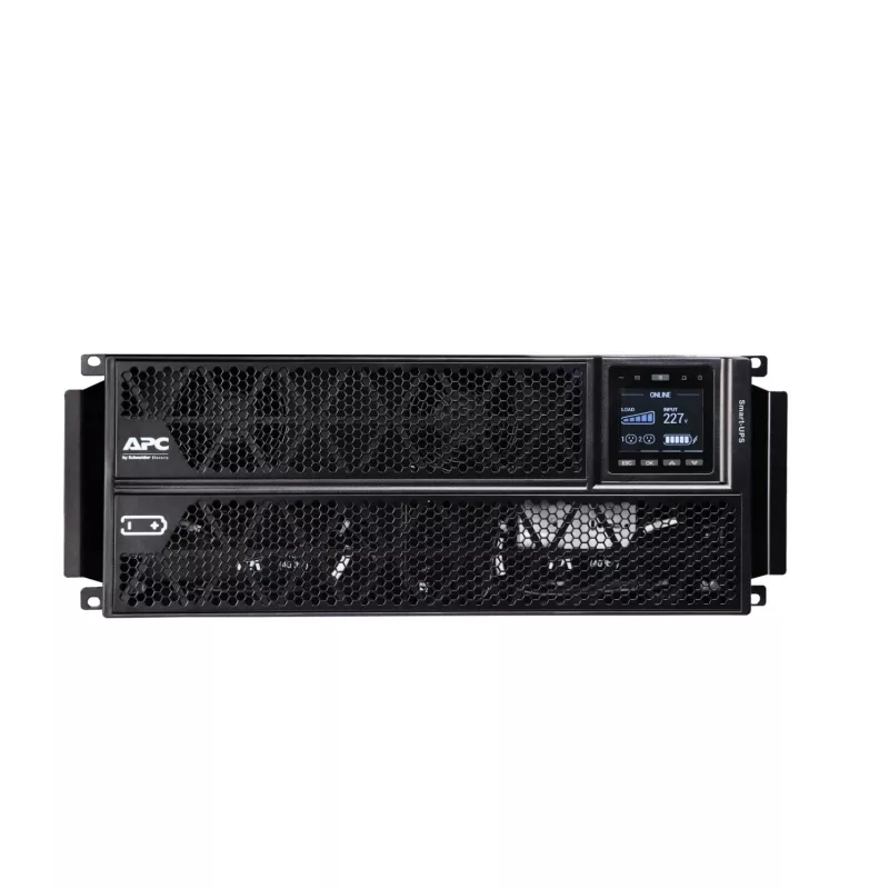 APC Smart-UPS On-Line, 5kVA/5kW, stelažinis/bokštinis, 230V, 2x IEC C13+1x IEC C19+tvirtas laidas 3 laidų (H+N+E) lizdai, tinklo kortelė, be bėgių komplekto