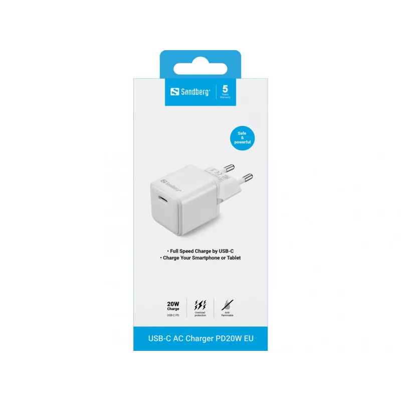 Sandberg USB-C AC įkroviklis PD20W EU, vidaus, AC, 5 V, 3 A, baltas