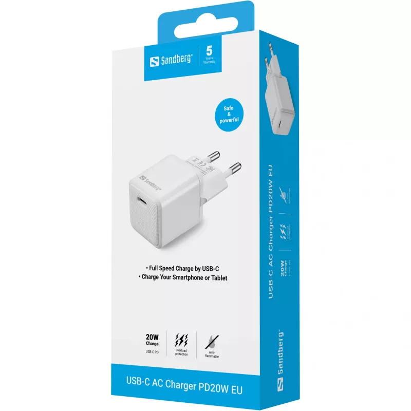 Sandberg USB-C AC įkroviklis PD20W EU, vidaus, AC, 5 V, 3 A, baltas