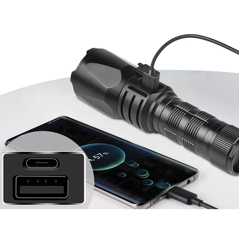 Sandberg Survivor Torch Powerbank 5000 – rankinis prožektorius su powerbank, juodas, aliuminis, IPX4