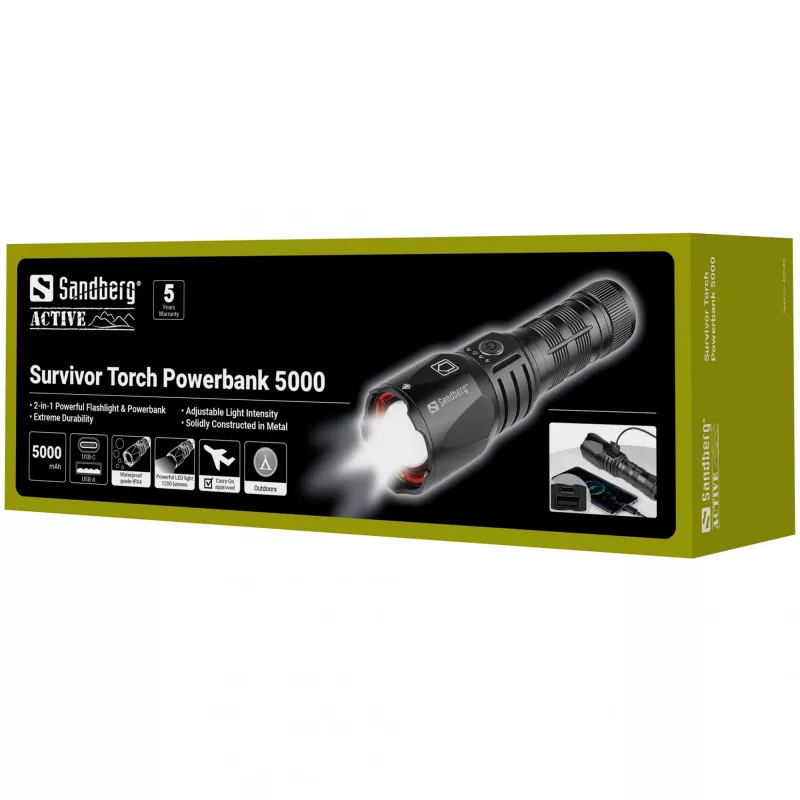 Sandberg Survivor Torch Powerbank 5000 – rankinis prožektorius su powerbank, juodas, aliuminis, IPX4