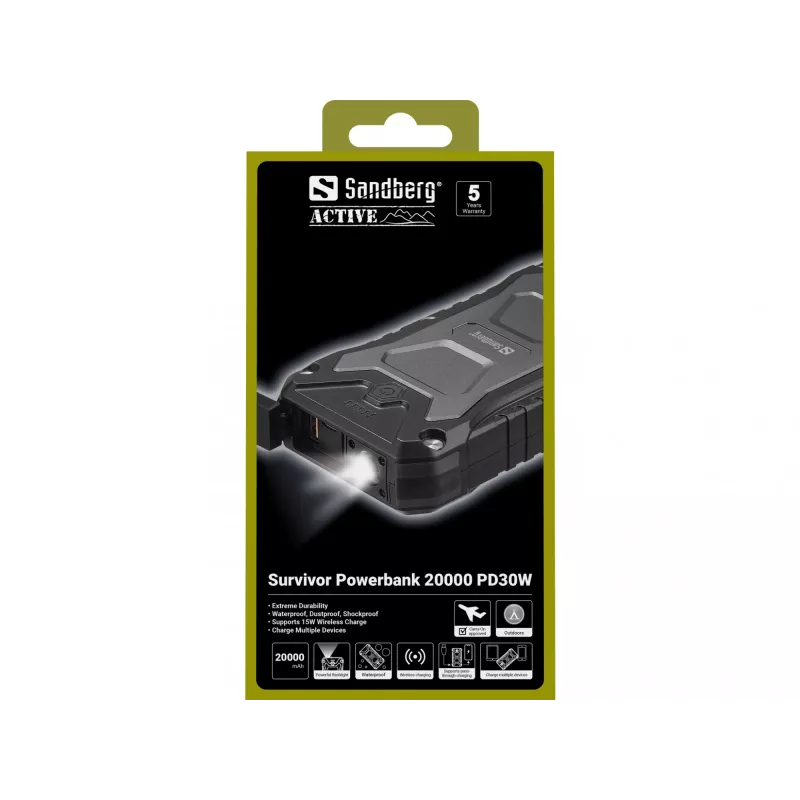 Sandberg Survivor Powerbank 20000 PD30W, 20000 mAh, belaidis įkrovimas, juoda