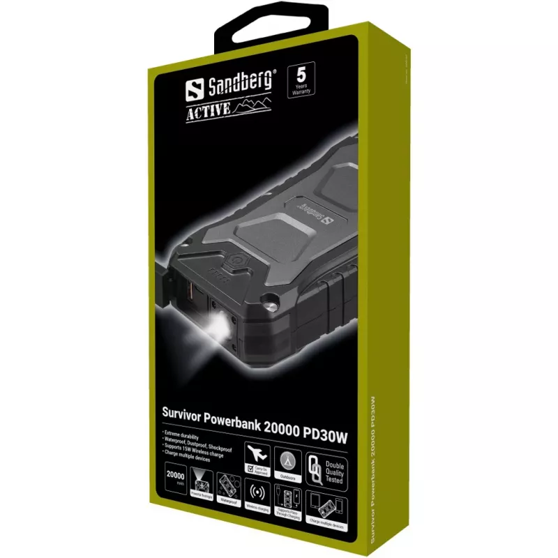 Sandberg Survivor Powerbank 20000 PD30W, 20000 mAh, belaidis įkrovimas, juoda