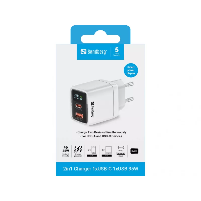 Įkroviklis Sandberg 2in1 1xUSB-C 1xUSB 35W patalpų kintamosios srovės universalus