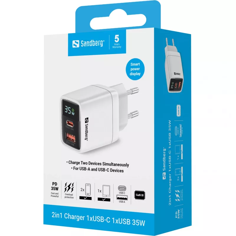 Įkroviklis Sandberg 2in1 1xUSB-C 1xUSB 35W patalpų kintamosios srovės universalus