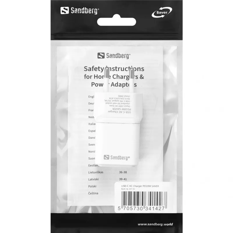 Sandberg USB-C AC įkroviklis PD20W SAVER, vidinis, AC, 12 V, 3 A, baltas