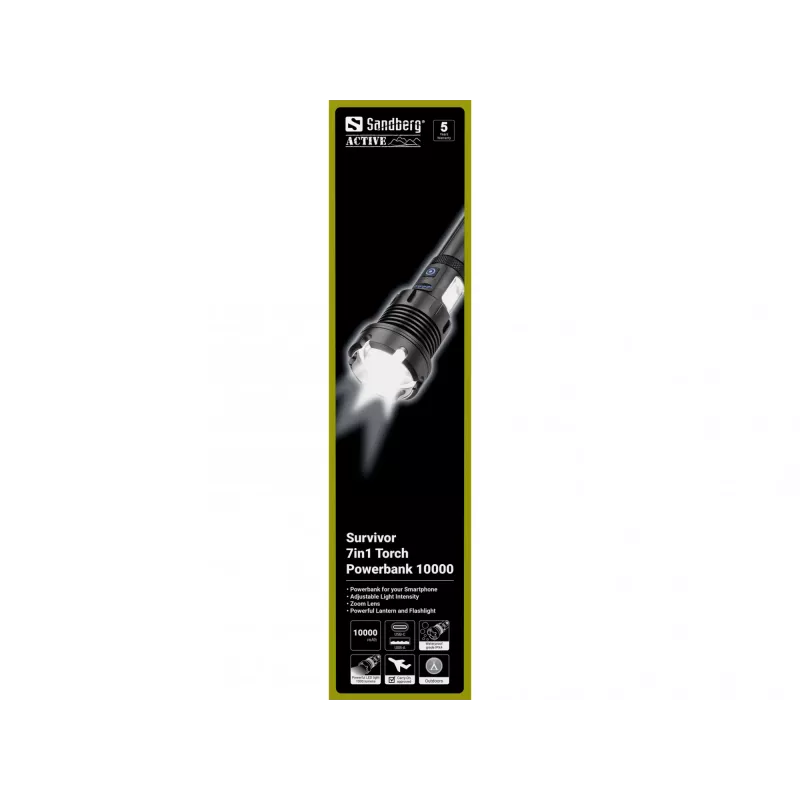 Sandberg Survivor 7in1 Powerbank 10000, rankinis žibintuvėlis, juodas, aliuminis, LED, 2 lempos, 500 lm