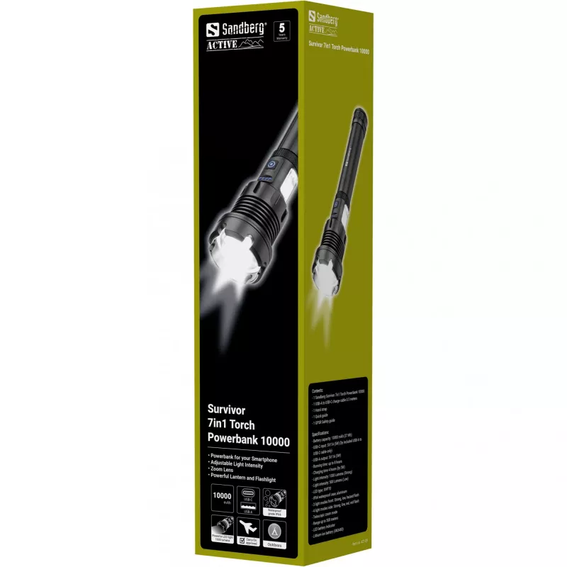 Sandberg Survivor 7in1 Powerbank 10000, rankinis žibintuvėlis, juodas, aliuminis, LED, 2 lempos, 500 lm