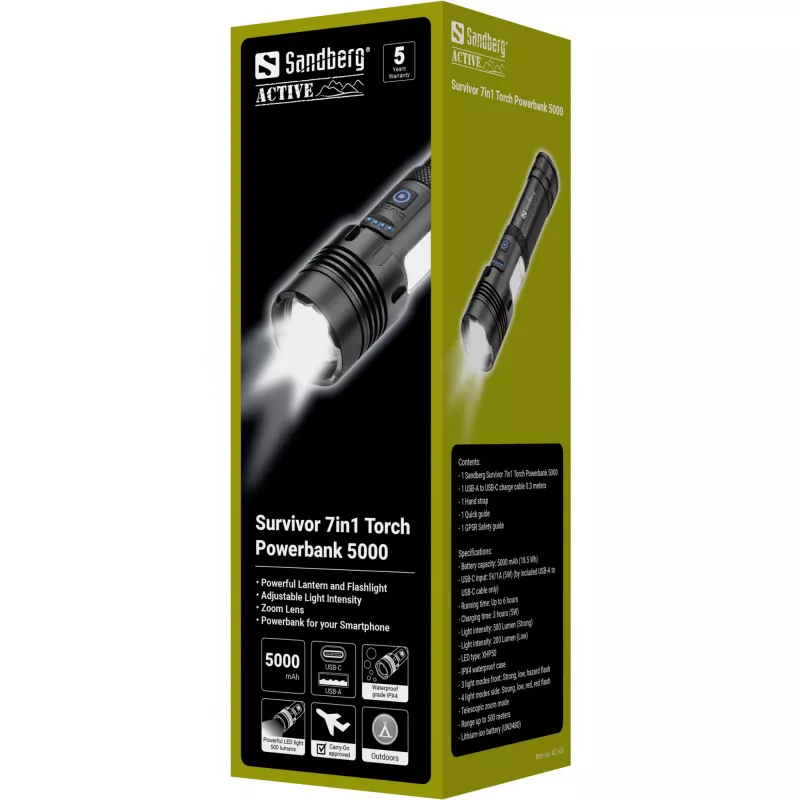 Sandberg Survivor 7in1 žibintuvėlis su powerbank 5000, rankinis, juodas, aliuminis, LED, 2 lempos, 200 lm