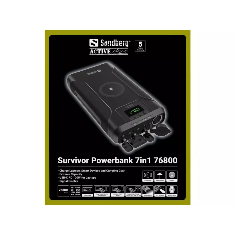 Sandberg Survivor Powerbank 7in1 76800, 76800 mAh, Li-Ion, belaidžiu įkrovimu, 3.6 V, juoda