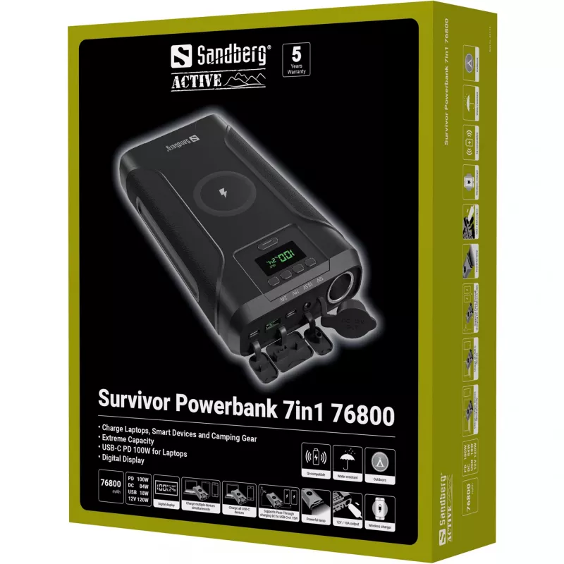 Sandberg Survivor Powerbank 7in1 76800, 76800 mAh, Li-Ion, belaidžiu įkrovimu, 3.6 V, juoda