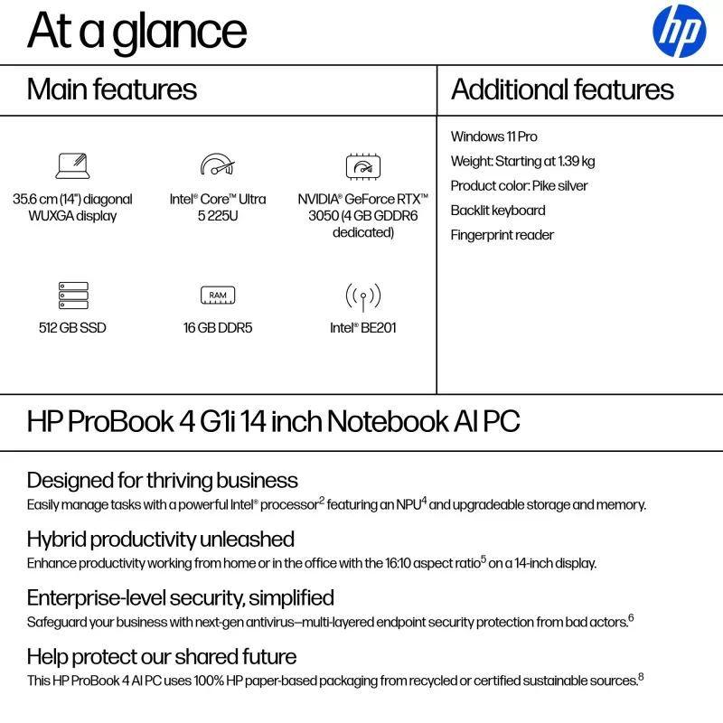 HP ProBook 4 G1i AI PC nešiojamas kompiuteris Intel Core Ultra 5 225U 35,6 cm (14 colių) WUXGA 16 GB DDR5-SDRAM Wi-Fi 7 (802.11be) Windows 11 Pro sidabrinis