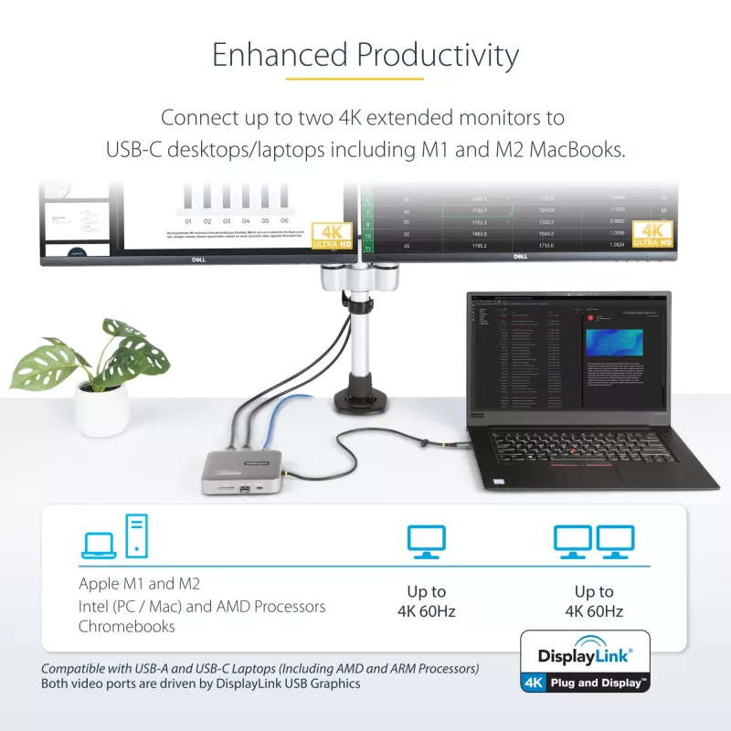 StarTech.com USB-C dokavimo stotelė, dvigubas 4K 60Hz HDMI, suderinama su Macbook Pro (M1/M2/M3/M4) ir Windows, USB-A/USB-C 10Gbps šakotuvas, 100W galios tiekimas, GbE, SD, 22 col./56 cm laidas