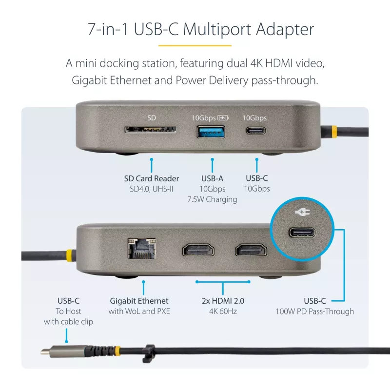 StarTech.com USB-C dokavimo stotelė, dvigubas 4K 60Hz HDMI, suderinama su Macbook Pro (M1/M2/M3/M4) ir Windows, USB-A/USB-C 10Gbps šakotuvas, 100W galios tiekimas, GbE, SD, 22 col./56 cm laidas