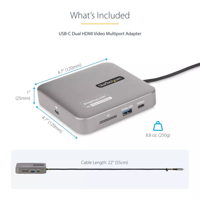 StarTech.com USB-C dokavimo stotelė, dvigubas 4K 60Hz HDMI, suderinama su Macbook Pro (M1/M2/M3/M4) ir Windows, USB-A/USB-C 10Gbps šakotuvas, 100W galios tiekimas, GbE, SD, 22 col./56 cm laidas
