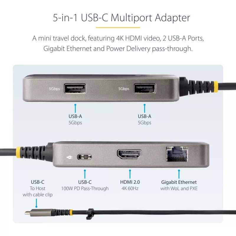 StarTech.com USB-C kelių prievadų adapteris - 4K 60Hz HDMI - HDR - 2 prievadų 5Gbps USB 3.0 šakotuvas - 100W Power Delivery perdavimas - GbE - sertifikuotas Chromebook - Windows/macOS