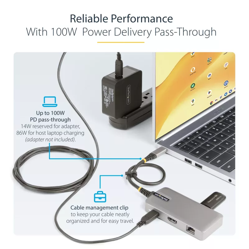 StarTech.com USB-C kelių prievadų adapteris - 4K 60Hz HDMI - HDR - 2 prievadų 5Gbps USB 3.0 šakotuvas - 100W Power Delivery perdavimas - GbE - sertifikuotas Chromebook - Windows/macOS