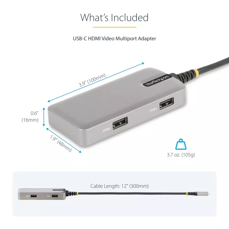 StarTech.com USB-C kelių prievadų adapteris - 4K 60Hz HDMI - HDR - 2 prievadų 5Gbps USB 3.0 šakotuvas - 100W Power Delivery perdavimas - GbE - sertifikuotas Chromebook - Windows/macOS