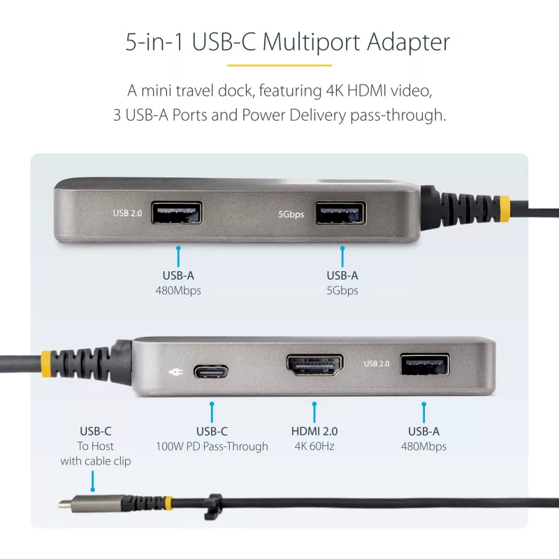 StarTech.com USB-C kelių prievadų adapteris - 4K 60Hz HDMI su HDR - 3 prievadų USB šakotuvas - 100W Power Delivery perdavimas - Sertifikuotas Chromebook - Windows/macOS/iPadOS/Android™