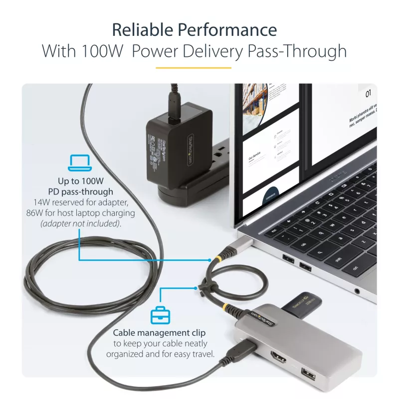 StarTech.com USB-C kelių prievadų adapteris - 4K 60Hz HDMI su HDR - 3 prievadų USB šakotuvas - 100W Power Delivery perdavimas - Sertifikuotas Chromebook - Windows/macOS/iPadOS/Android™
