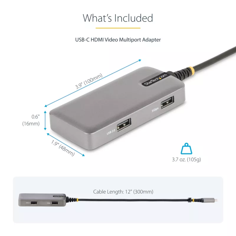 StarTech.com USB-C kelių prievadų adapteris - 4K 60Hz HDMI su HDR - 3 prievadų USB šakotuvas - 100W Power Delivery perdavimas - Sertifikuotas Chromebook - Windows/macOS/iPadOS/Android™
