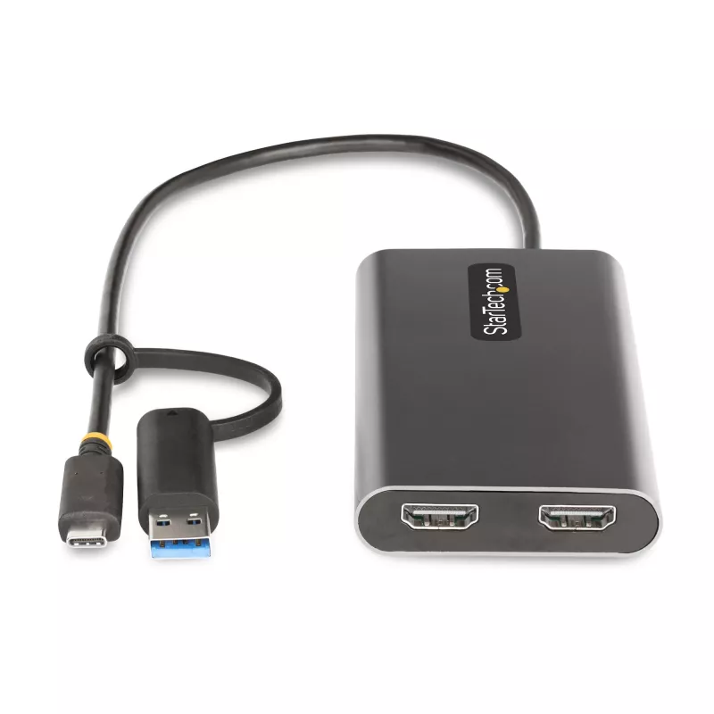 StarTech.com USB-C į dvigubą HDMI adapteris – USB-C arba A į 2x HDMI – 4K 60Hz – 100W maitinimo perdavimas – 30 cm įmontuotas kabelis – USB į HDMI kelių monitorių keitiklis nešiojamam kompiuteriui – TAA
