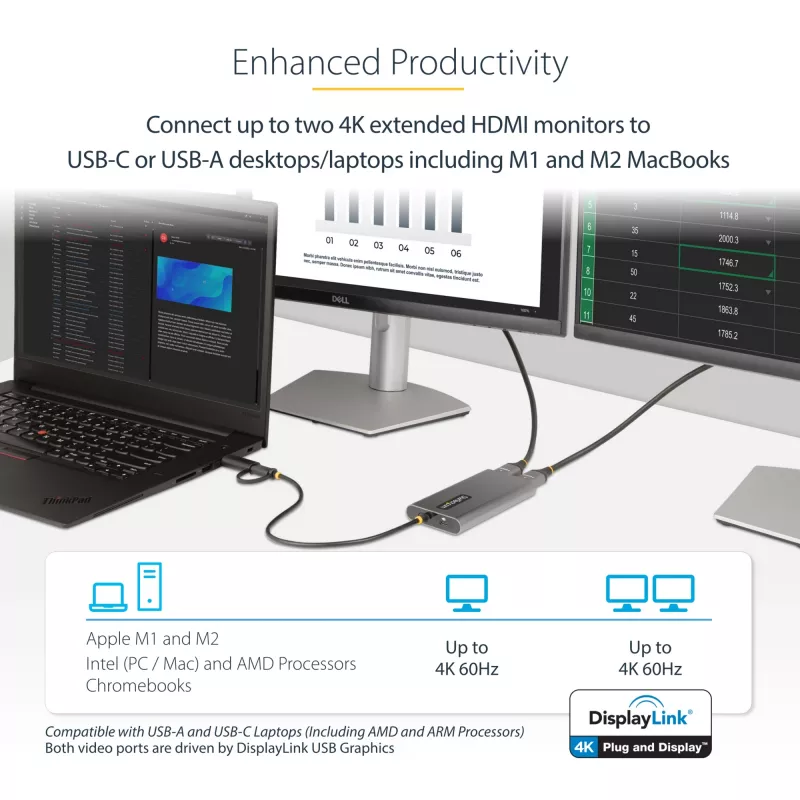 StarTech.com USB-C į dvigubą HDMI adapteris – USB-C arba A į 2x HDMI – 4K 60Hz – 100W maitinimo perdavimas – 30 cm įmontuotas kabelis – USB į HDMI kelių monitorių keitiklis nešiojamam kompiuteriui – TAA