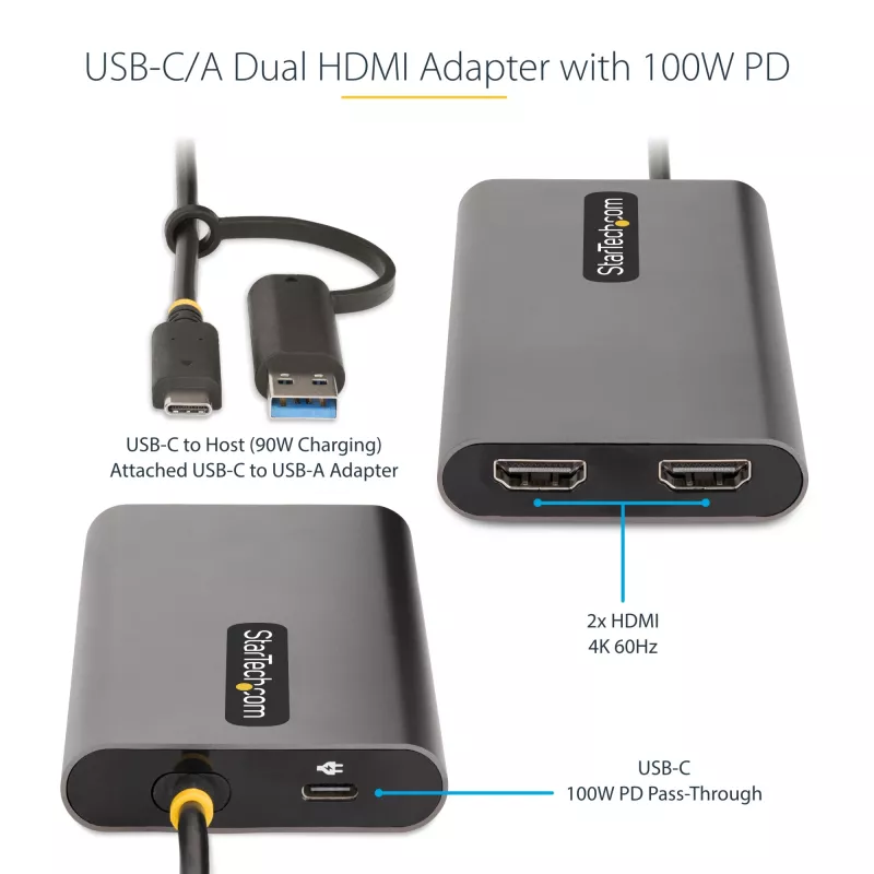 StarTech.com USB-C į dvigubą HDMI adapteris – USB-C arba A į 2x HDMI – 4K 60Hz – 100W maitinimo perdavimas – 30 cm įmontuotas kabelis – USB į HDMI kelių monitorių keitiklis nešiojamam kompiuteriui – TAA