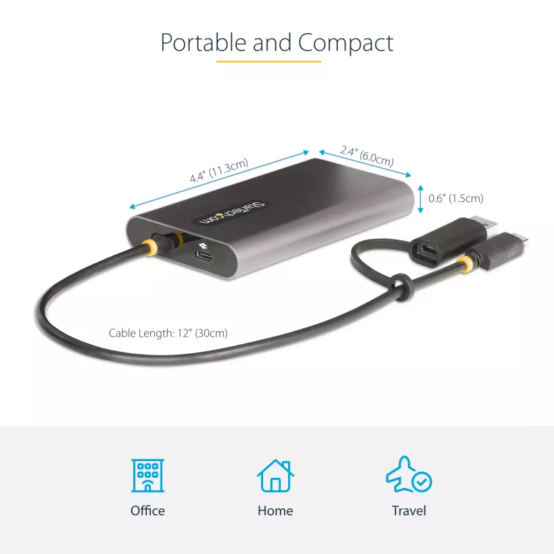 StarTech.com USB-C į dvigubą HDMI adapteris – USB-C arba A į 2x HDMI – 4K 60Hz – 100W maitinimo perdavimas – 30 cm įmontuotas kabelis – USB į HDMI kelių monitorių keitiklis nešiojamam kompiuteriui – TAA