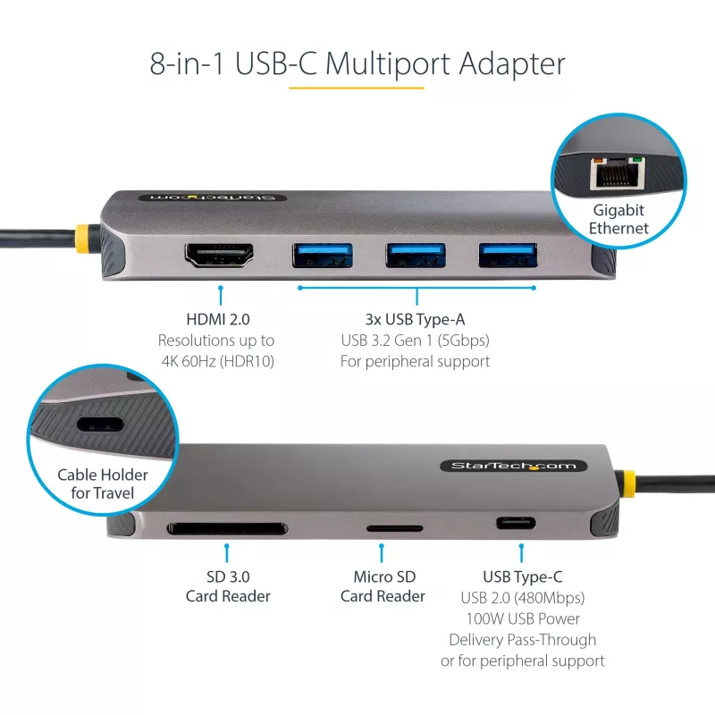 StarTech.com USB-C kelių prievadų adapteris 4K 60Hz HDMI, 3x USB-A 5Gbps, 100W PD, GbE, SD/MicroSD, 30 cm laidas, kelioninis dokas
