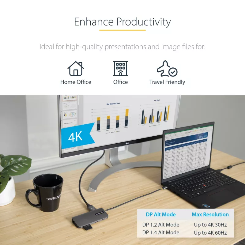 StarTech.com USB-C kelių prievadų adapteris 4K 60Hz HDMI, 3x USB-A 5Gbps, 100W PD, GbE, SD/MicroSD, 30 cm laidas, kelioninis dokas