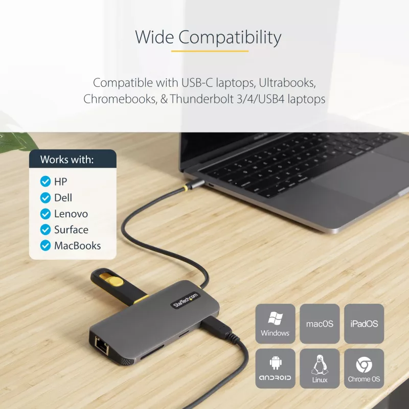 StarTech.com USB-C kelių prievadų adapteris 4K 60Hz HDMI, 3x USB-A 5Gbps, 100W PD, GbE, SD/MicroSD, 30 cm laidas, kelioninis dokas