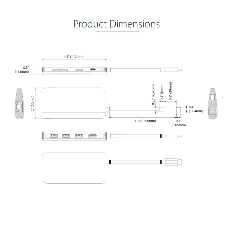 StarTech.com USB-C kelių prievadų adapteris 4K 60Hz HDMI, 3x USB-A 5Gbps, 100W PD, GbE, SD/MicroSD, 30 cm laidas, kelioninis dokas