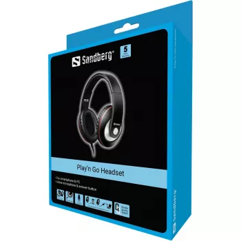 Sandberg Play'n Go Headset Black, laidinės ausinės, skambučiams ir muzikai, 20–20000 Hz, 430 g, juodos