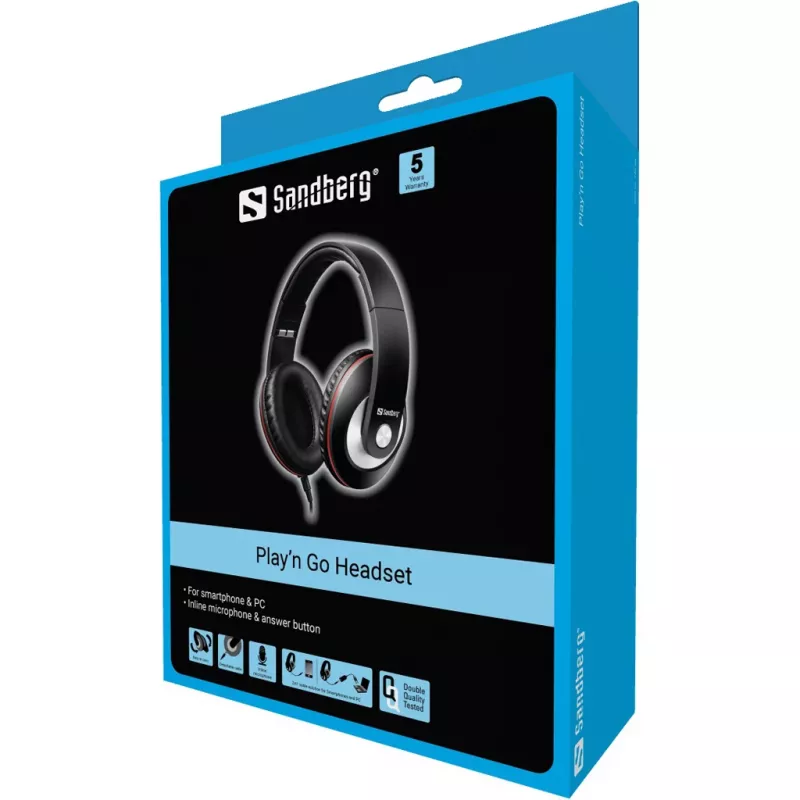 Sandberg Play'n Go Headset Black, laidinės ausinės, skambučiams ir muzikai, 20–20000 Hz, 430 g, juodos