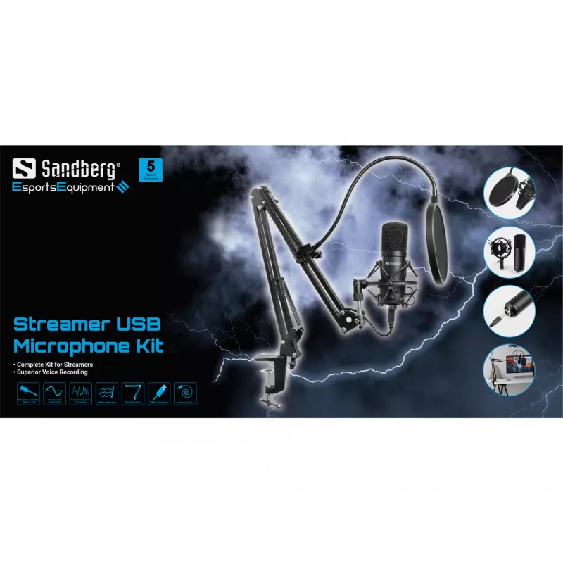 Sandberg Streamer USB mikrofonų rinkinys, studijinis mikrofonas, -27 dB, 30 - 16000 Hz, 24 bit, 96 kHz, vienakryptis