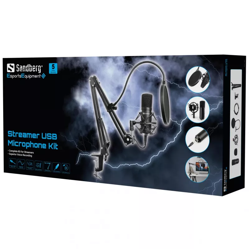 Sandberg Streamer USB mikrofonų rinkinys, studijinis mikrofonas, -27 dB, 30 - 16000 Hz, 24 bit, 96 kHz, vienakryptis