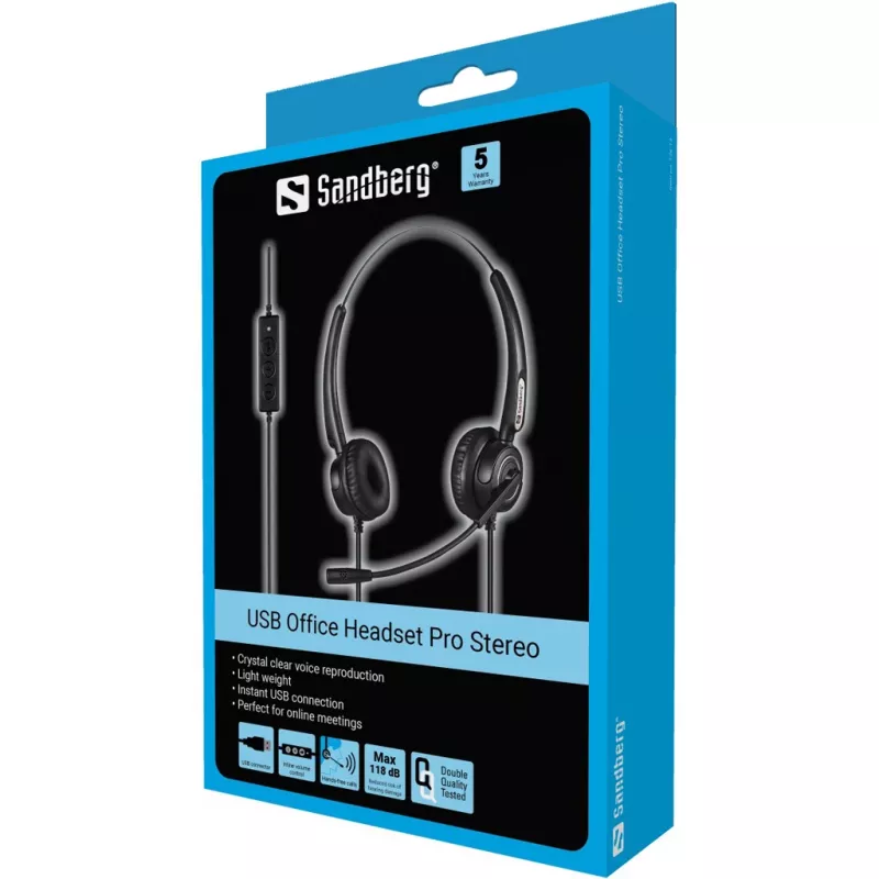 Sandberg USB Office Headset Pro Stereo laidinė ausinė, biurui/skambučių centrui, 20–20000 Hz, 115 g, juoda