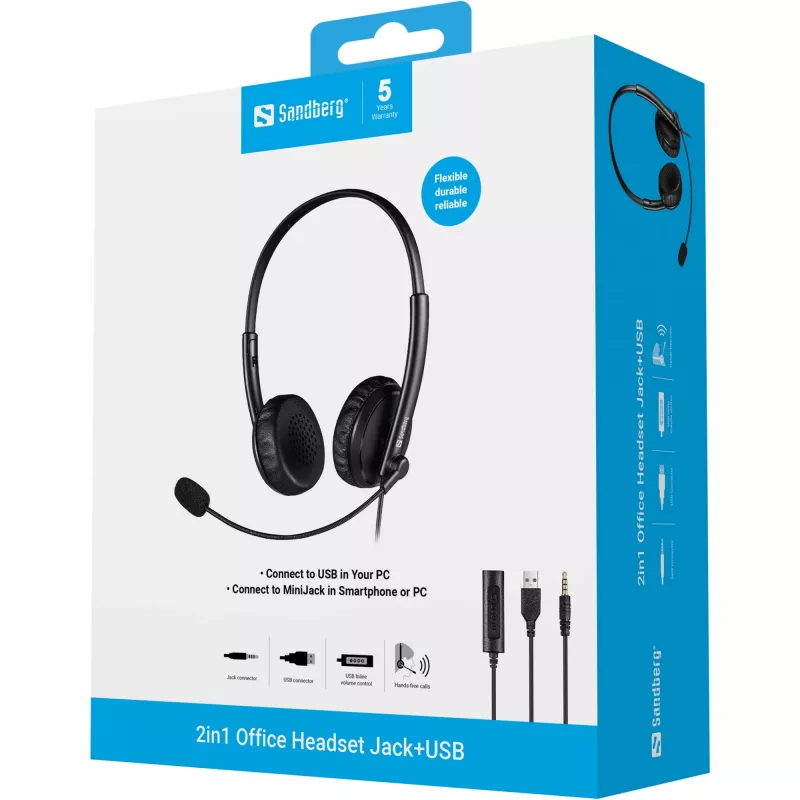 Sandberg 2in1 Office Headset Jack+USB, laidinės ausinės biurui, 20–20000 Hz, 110 g, juodos