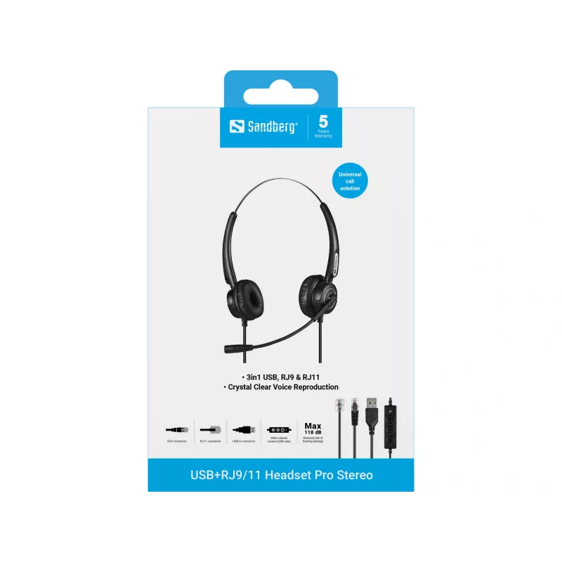 Sandberg USB+RJ9/11 Headset Pro Stereo laidinis ausinių komplektas biurui ir skambučių centrams, 20–7000 Hz, juodas