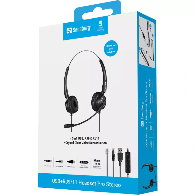 Sandberg USB+RJ9/11 Headset Pro Stereo laidinis ausinių komplektas biurui ir skambučių centrams, 20–7000 Hz, juodas
