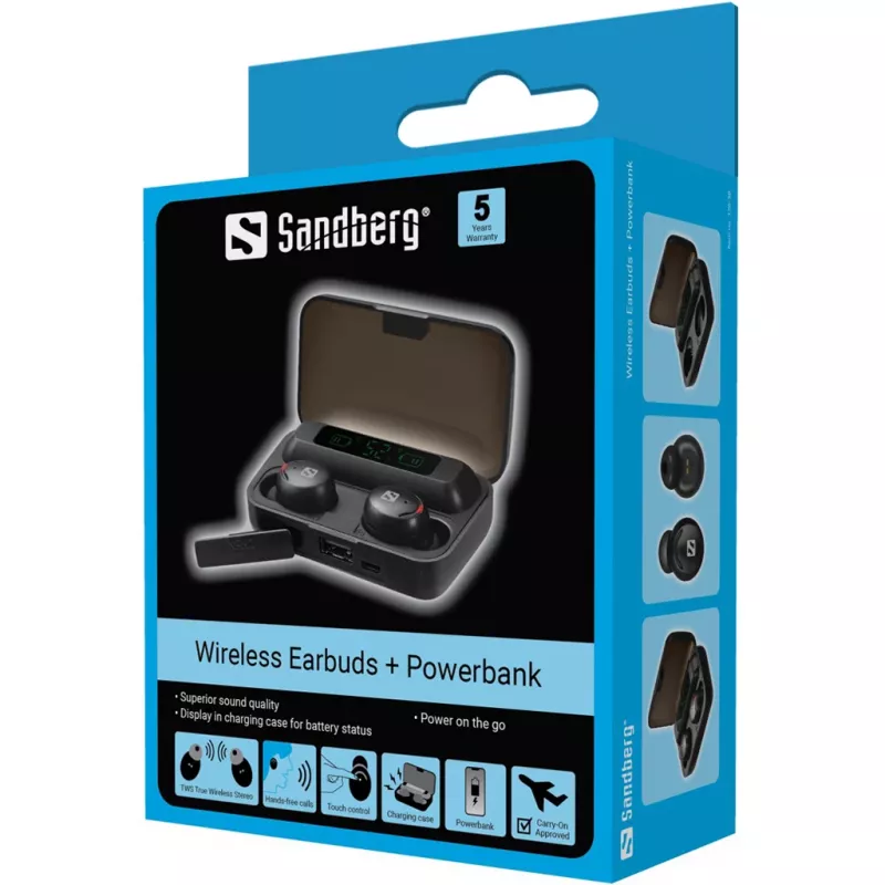 Sandberg belaidės ausinės + Powerbank, tikras belaidis stereo (TWS), 20 - 20000 Hz, skambučiams/muzikai, juodos