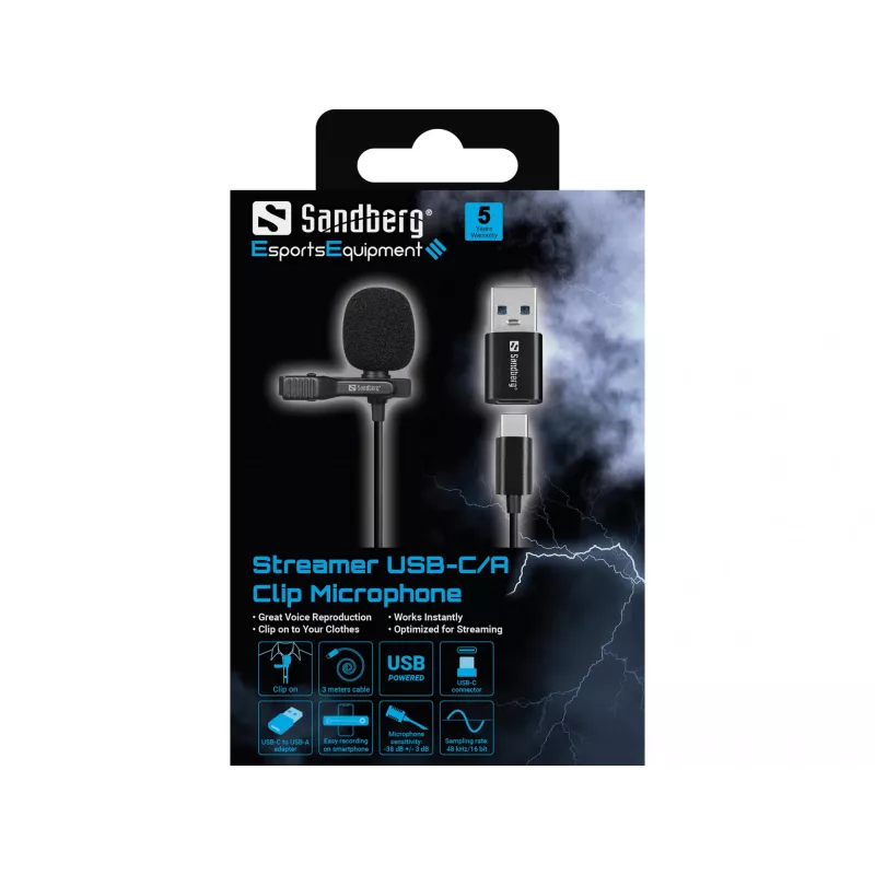 Sandberg Streamer USB segtuvinis mikrofonas, lavalier tipo, -38 dB, 50 - 18000 Hz, 16 bit, 48 kHz, 84 dB