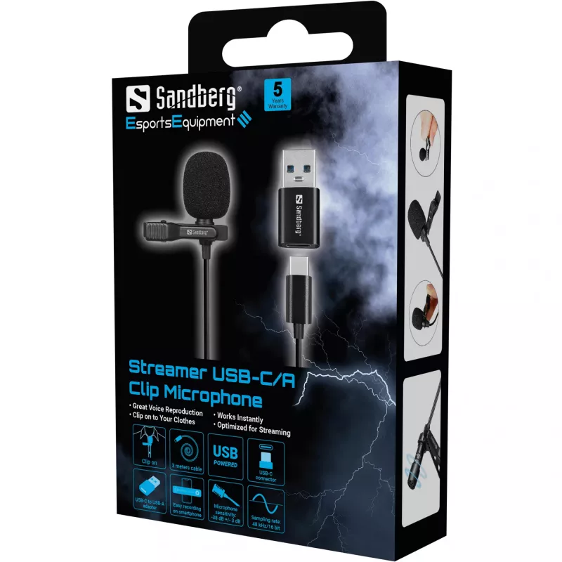 Sandberg Streamer USB segtuvinis mikrofonas, lavalier tipo, -38 dB, 50 - 18000 Hz, 16 bit, 48 kHz, 84 dB