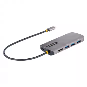 StarTech.com USB-C kelių prievadų adapteris, 4K 60Hz HDMI vaizdas, 3 prievadų 5Gbps USB centras, 100W maitinimo perdavimas, GbE, 30 cm laidas, mini kelioninis dokas