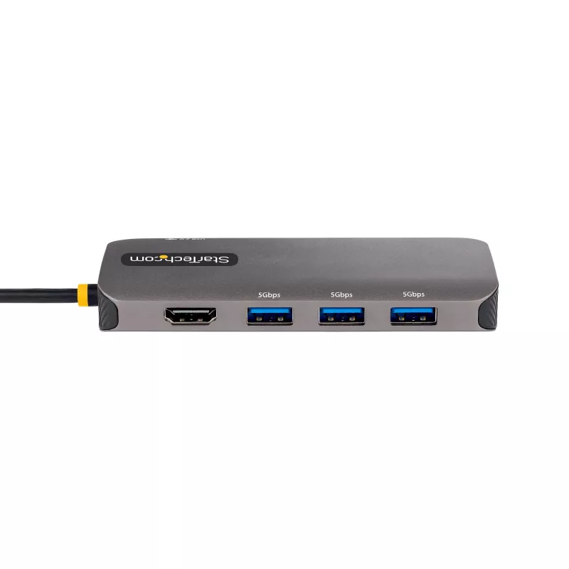 StarTech.com USB-C kelių prievadų adapteris, 4K 60Hz HDMI vaizdas, 3 prievadų 5Gbps USB centras, 100W maitinimo perdavimas, GbE, 30 cm laidas, mini kelioninis dokas