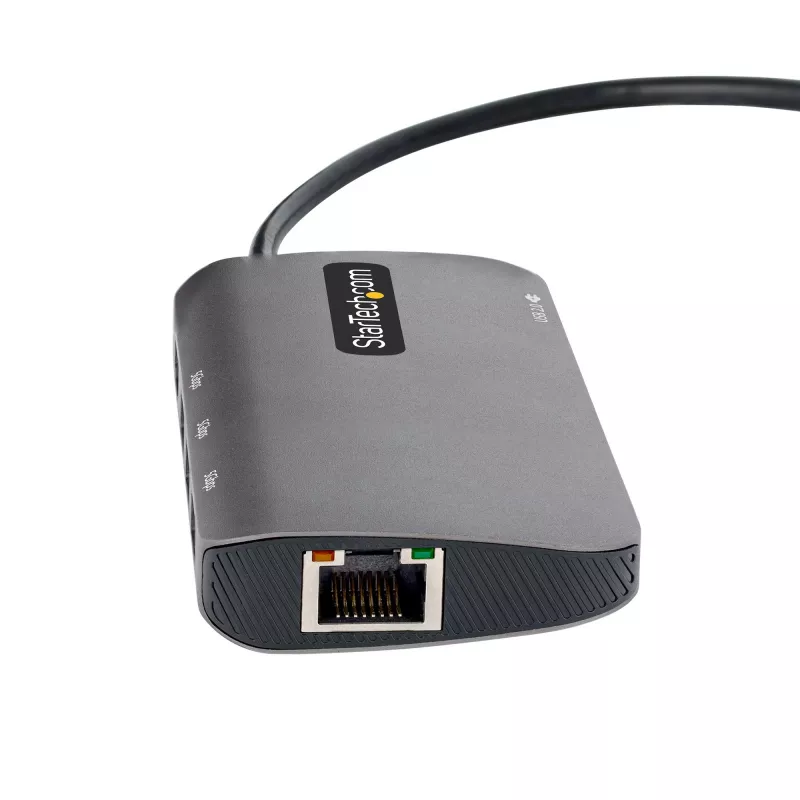 StarTech.com USB-C kelių prievadų adapteris, 4K 60Hz HDMI vaizdas, 3 prievadų 5Gbps USB centras, 100W maitinimo perdavimas, GbE, 30 cm laidas, mini kelioninis dokas